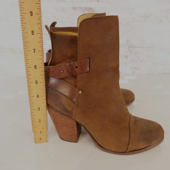 Rag Bone Boots 37.5 Leather Boots 7.5 Pull On Brown Heeled Harness Suede Kinsey - Picture 7 of 12